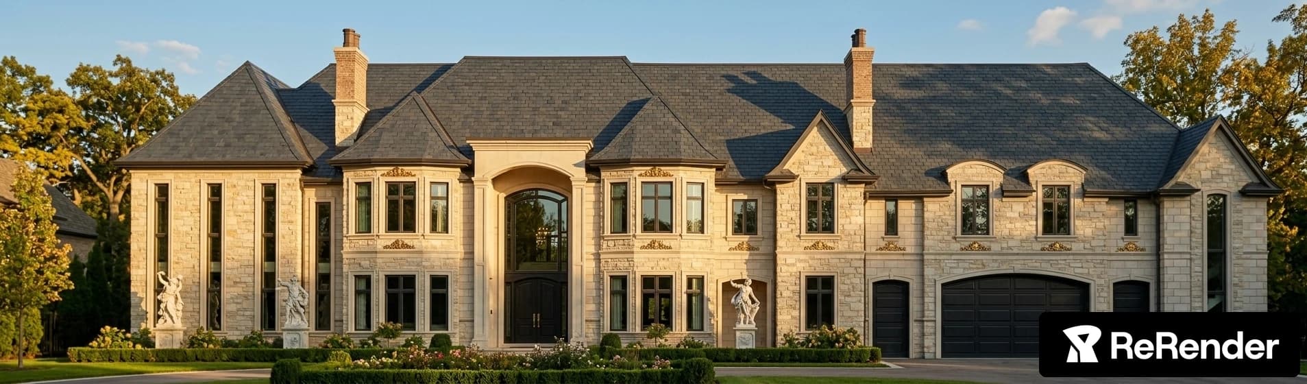 Alternate exterior visualization of the Old Church residence showing pale stone walls, a central arched entrance, chimneys, a dark roof and garage doors