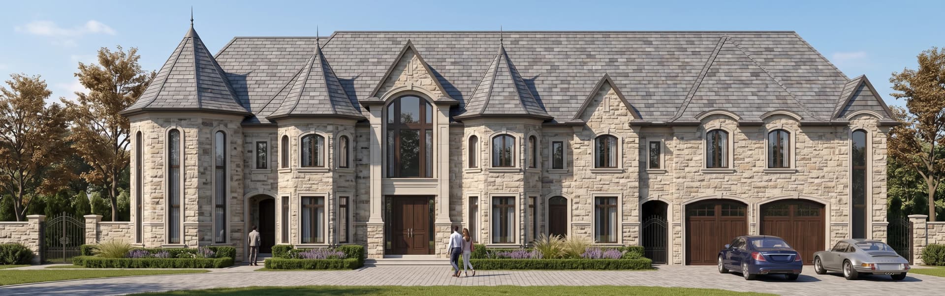 Exterior visualization of the Old Church residence in Caledon showing a broad stone facade, a central glazed entrance, turreted roof forms and attached garages