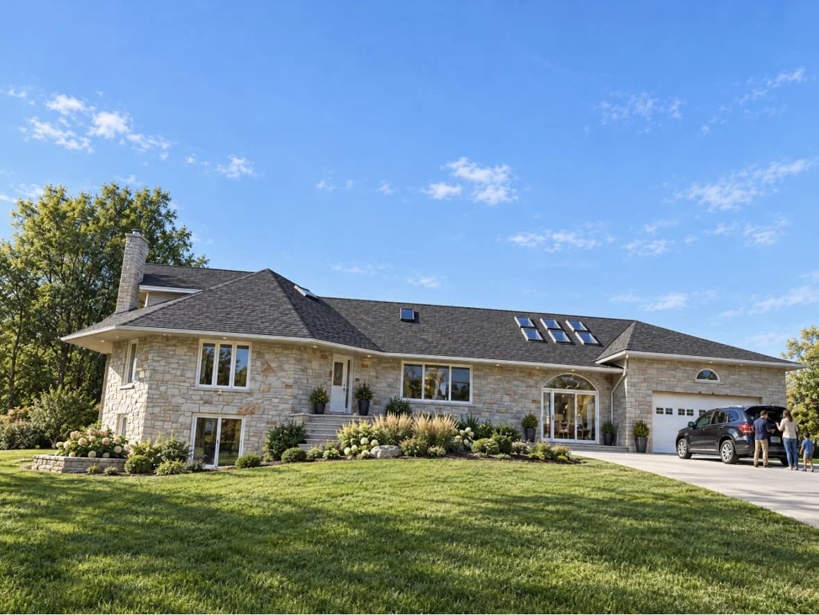 Exterior photograph of a stone house on Pettit Road with a dark roof, skylights, an attached garage and a broad front lawn