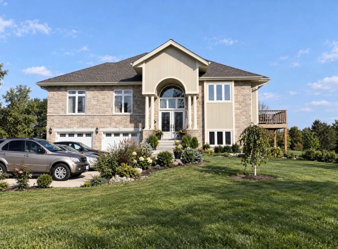 Front photograph of a Regional Road 24 residence in Fenwick with stone walls, an arched entrance between columns, two garage doors and landscaped lawns