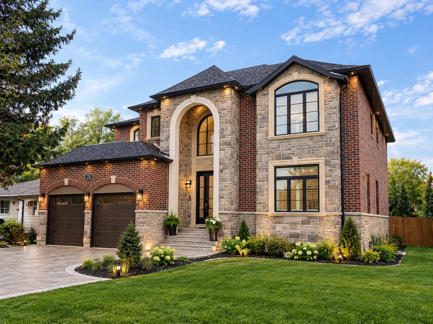 Supplied exterior visualization of a Thomas Street residence with red brick and stone walls, a tall arched entrance and two garage doors