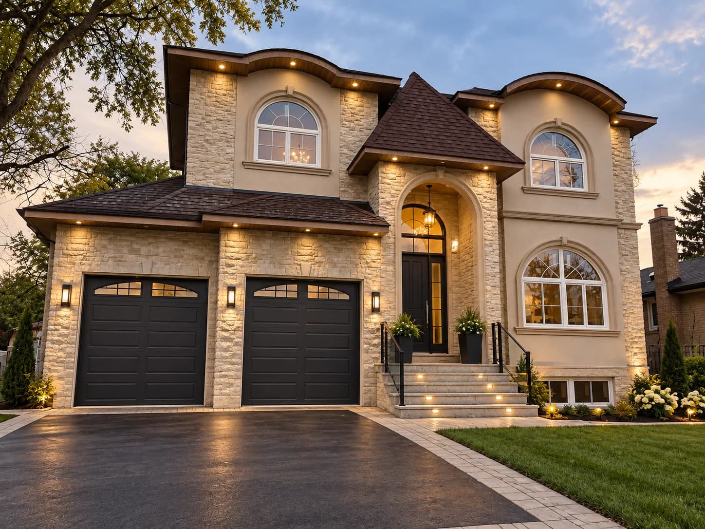 Stone residence in Hamilton with curved rooflines, arched windows, a central entrance and two garage doors