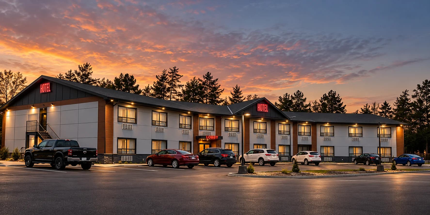 Two-storey HWY 17 Hotel in Wawa with a central lobby entrance, light facade panels and a landscaped parking area at sunset