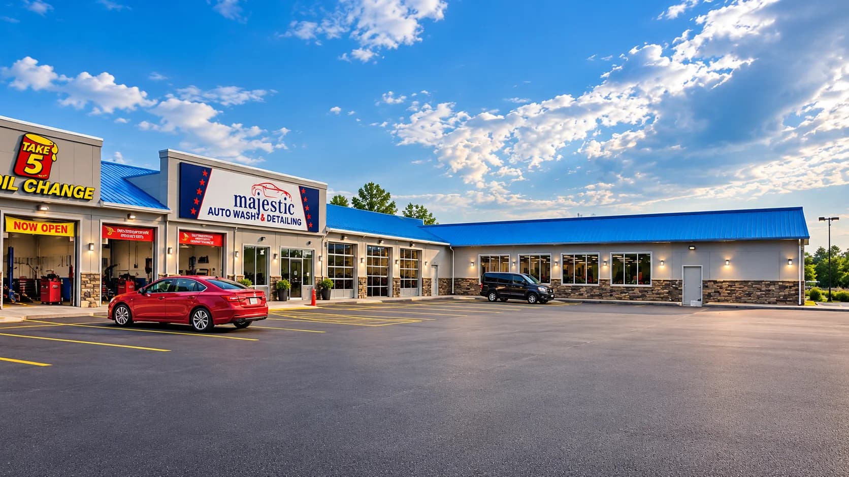 Majestic Autowash in Burlington with a blue metal roof, glazed detailing bays, light-coloured walls, a stone base and parking along the frontage