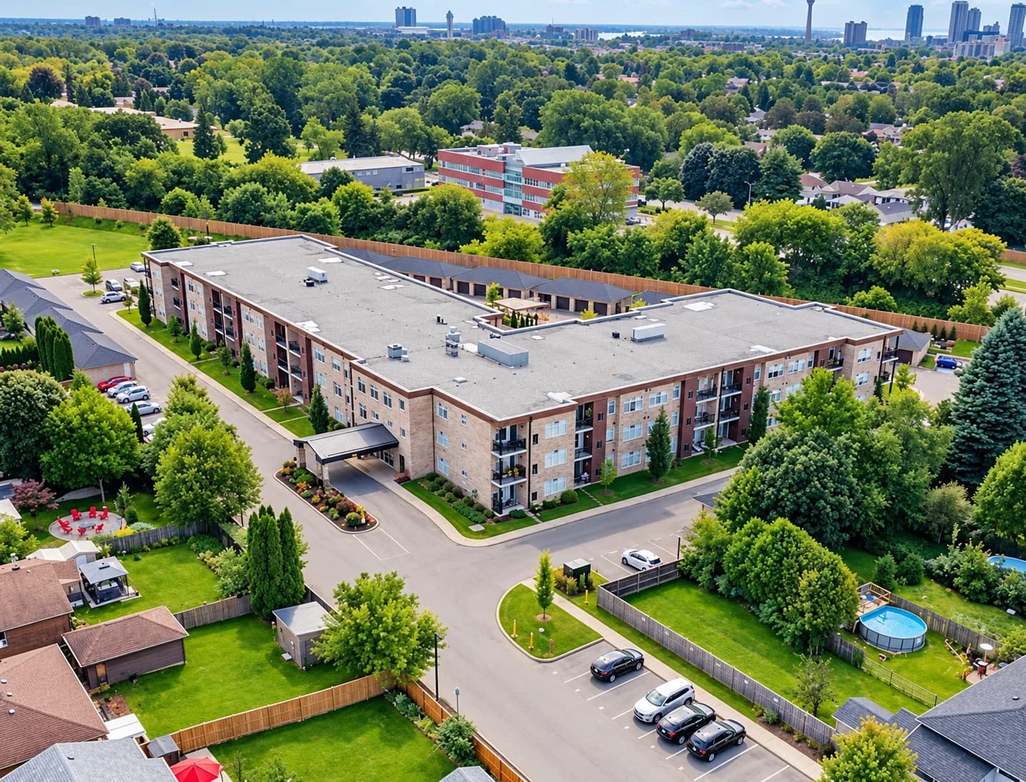 Aerial view of Olympia's three-storey brick condominium building and landscaped grounds in Niagara Falls
