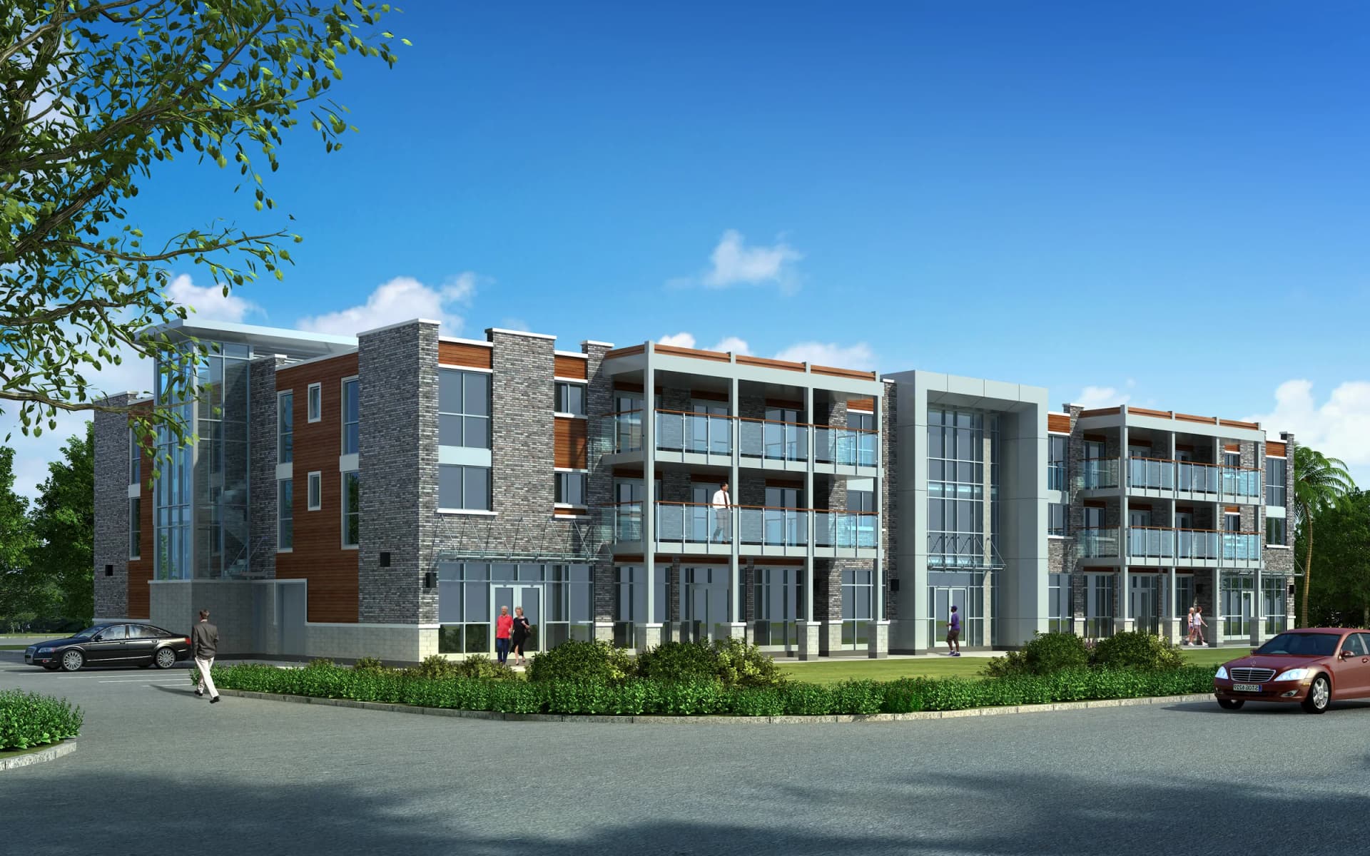 Architectural rendering of a mixed-use condominium on Pelham Street in Fonthill with stone cladding, wood accents, glass balconies and glazed entrances