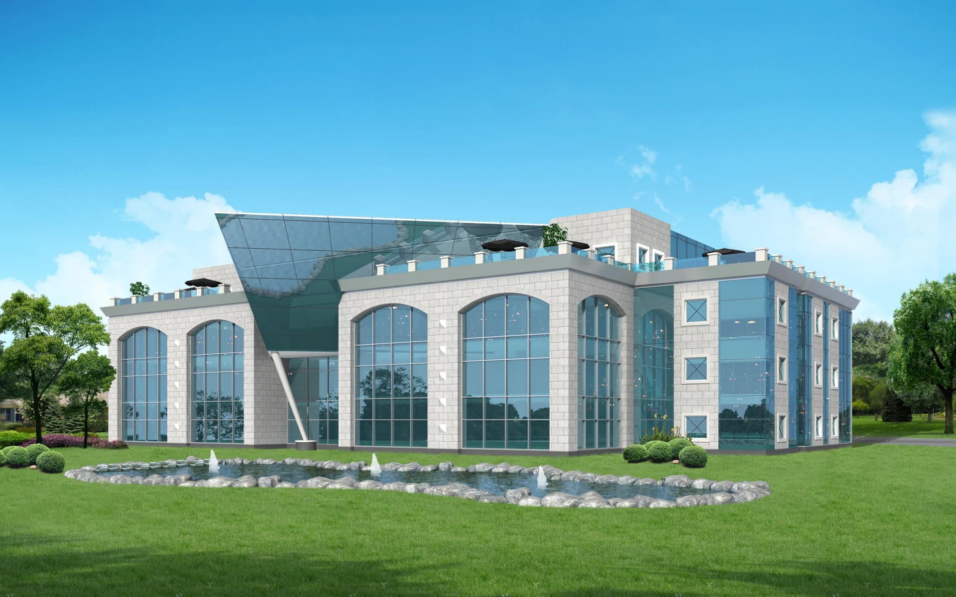 Architectural rendering of an office prototype with a sloping glazed entrance, tall arched windows and a rooftop terrace