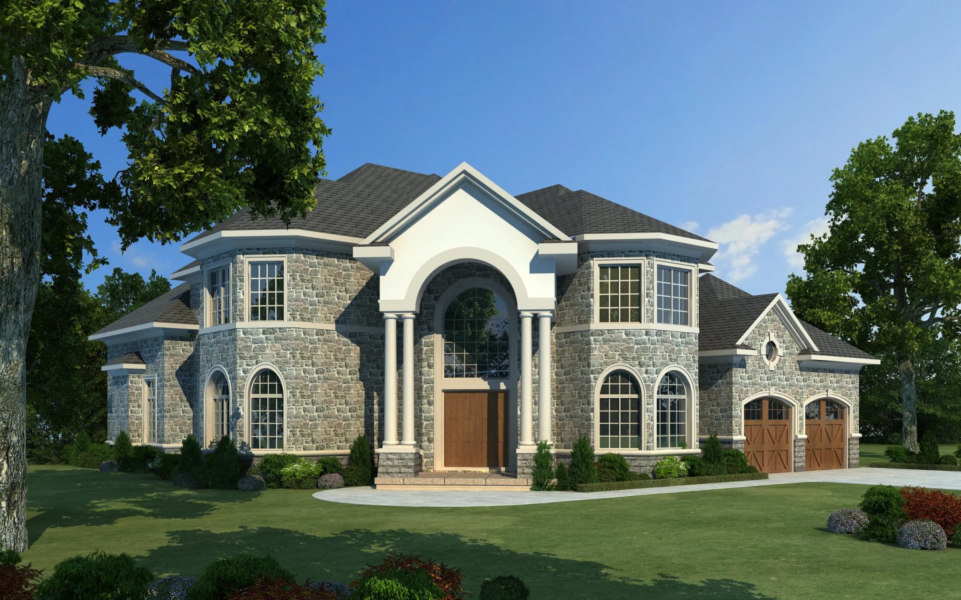 Architectural rendering of a stone residence on Rebecca Street in Oakville with an arched entrance and attached garage