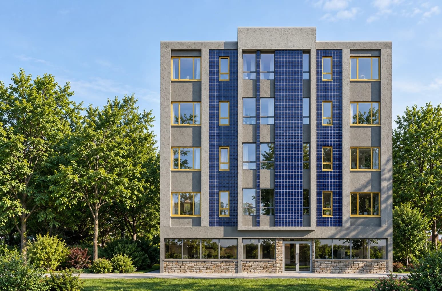 Five-storey building in Welland with blue facade panels, yellow window frames and a stone-clad entrance