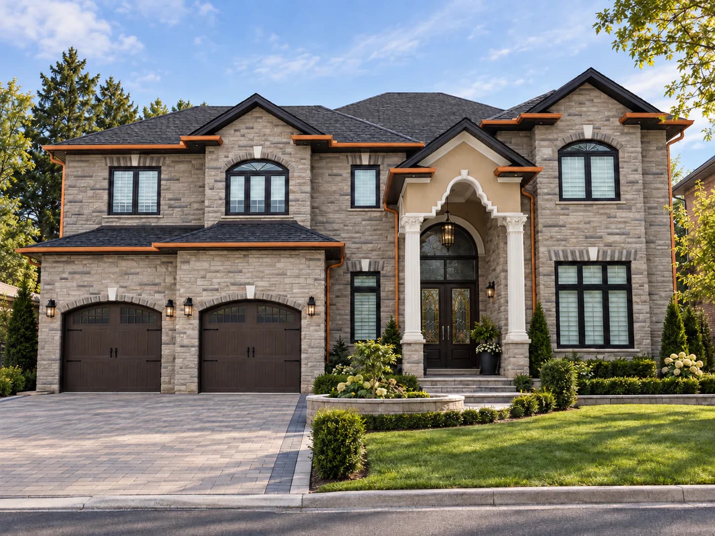 Stone residence in Hamilton with two garage doors and an arched entrance
