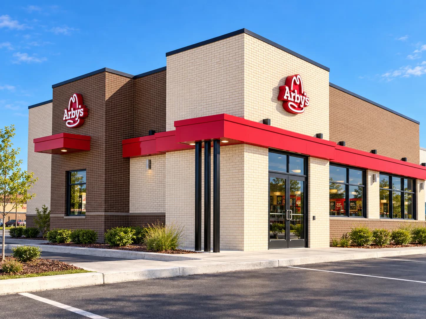 Arby's restaurant in Hamilton with brick cladding and a red entrance canopy