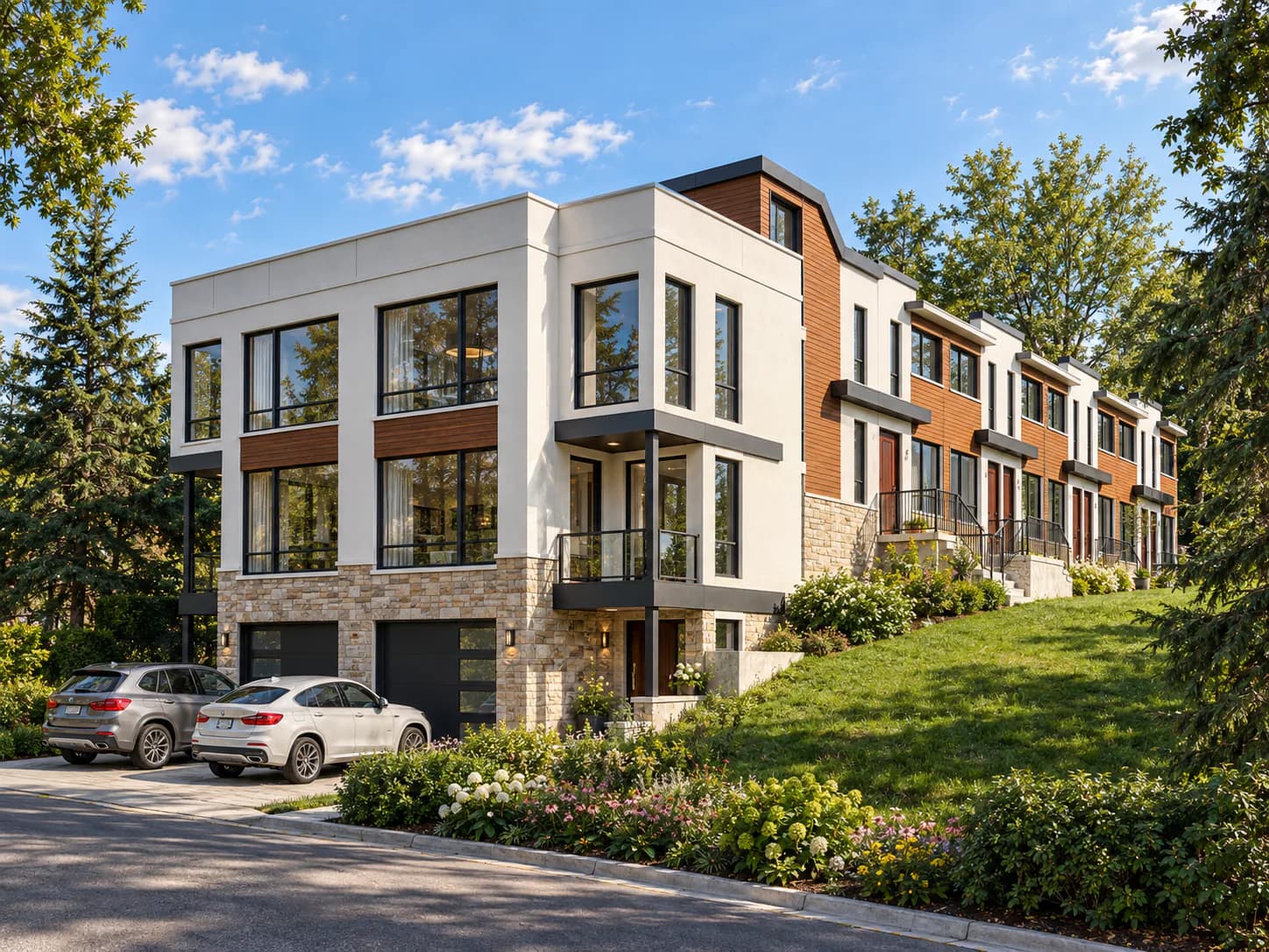 Contemporary townhouses in Hamilton with light cladding and timber accents
