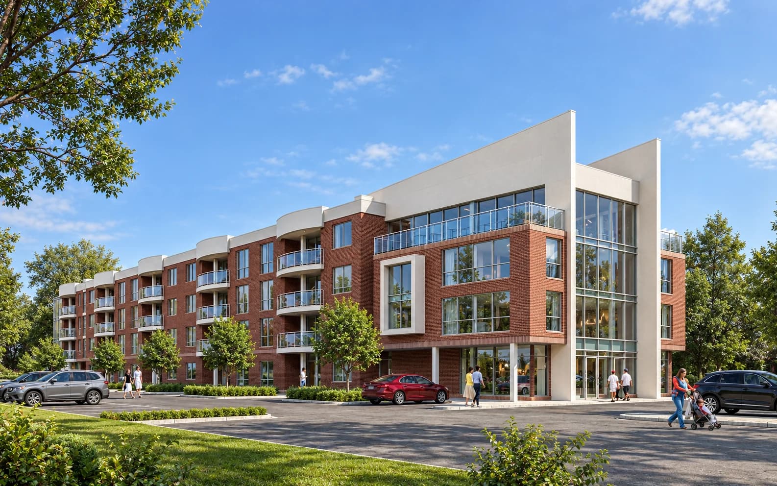 Welland apartment building with red brick, glass balconies and a glazed corner entrance