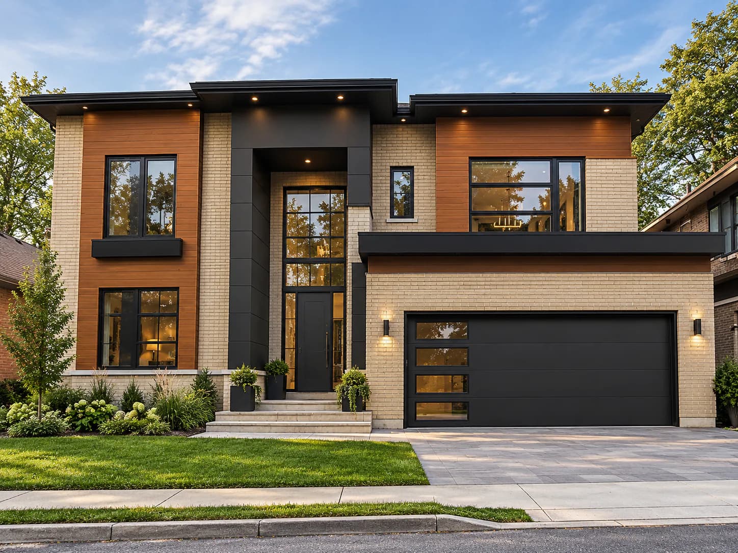 Modern Oakville residence with brick, wood and a recessed entrance
