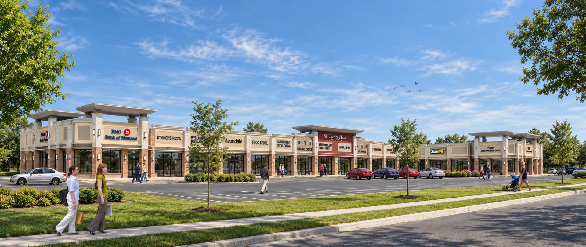 St. Charles Plaza with a row of retail storefronts, brick columns and landscaped parking