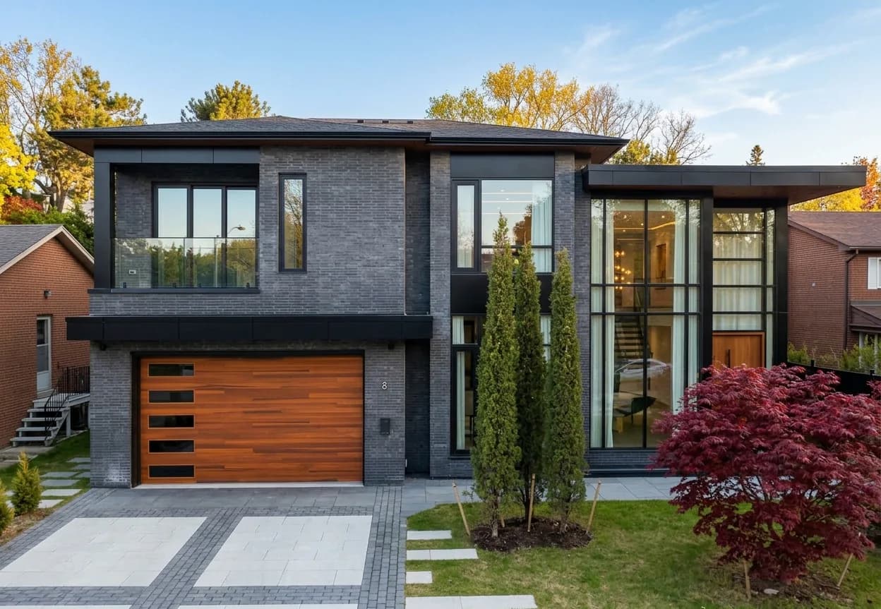Contemporary Toronto home with a glazed entrance and wood garage door