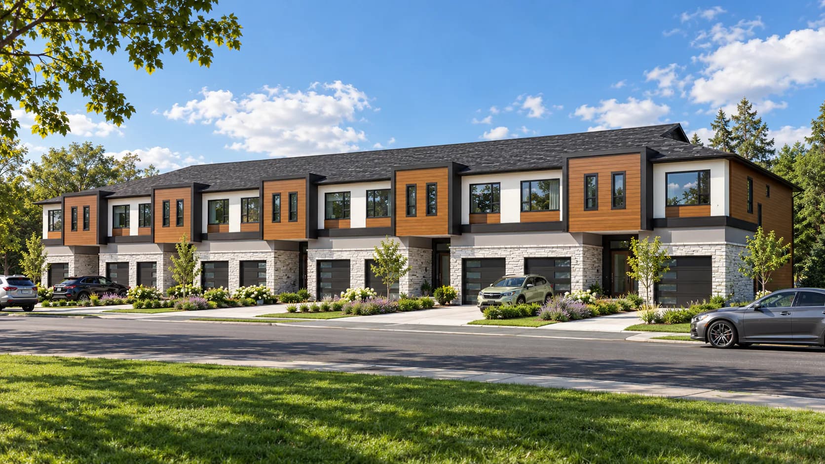 Welland townhouses with individual garages and landscaped frontages