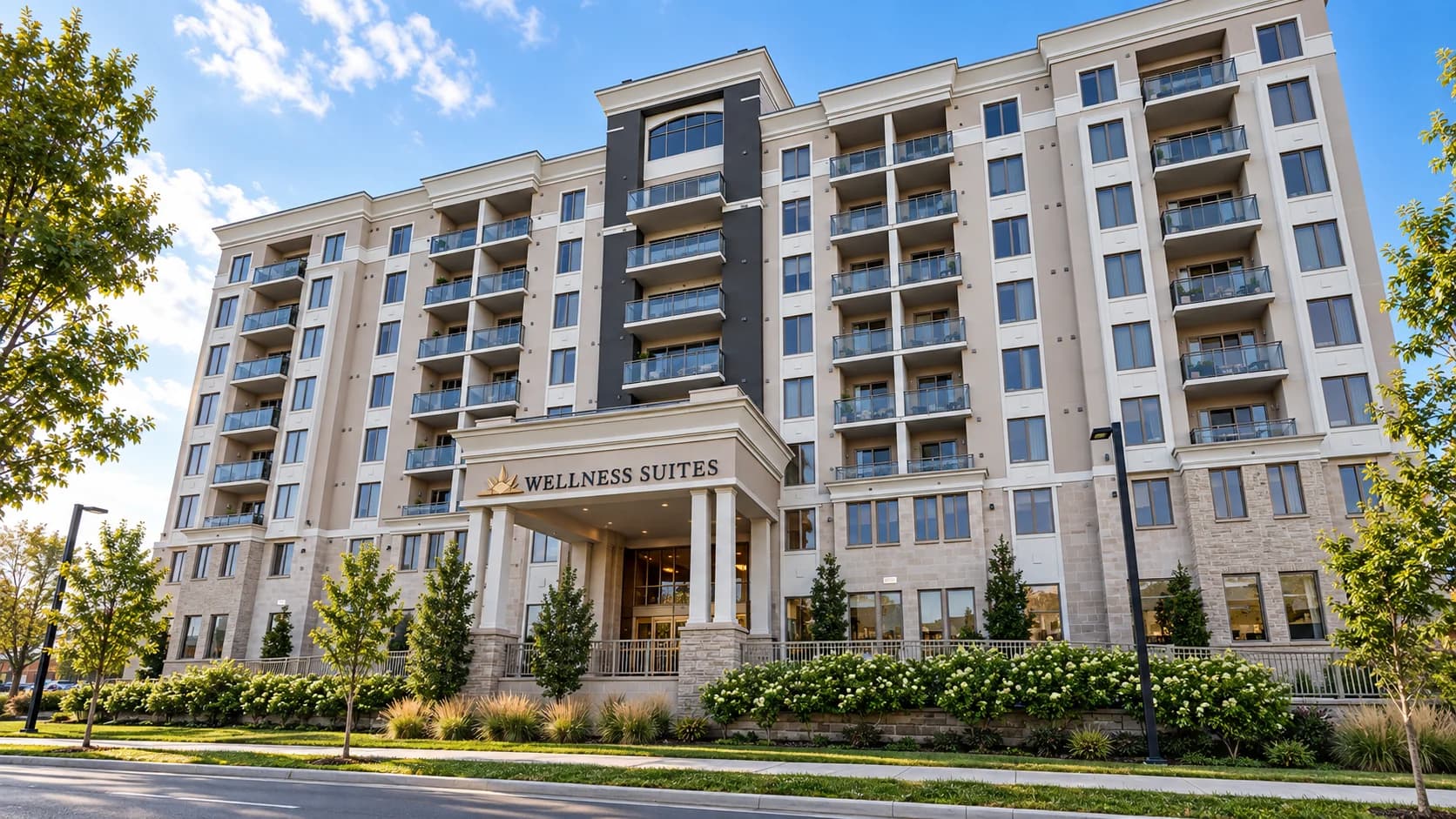 Wellness Suites building at 5698 Main Street in Niagara Falls with glass balconies, a covered entrance and landscaped frontage