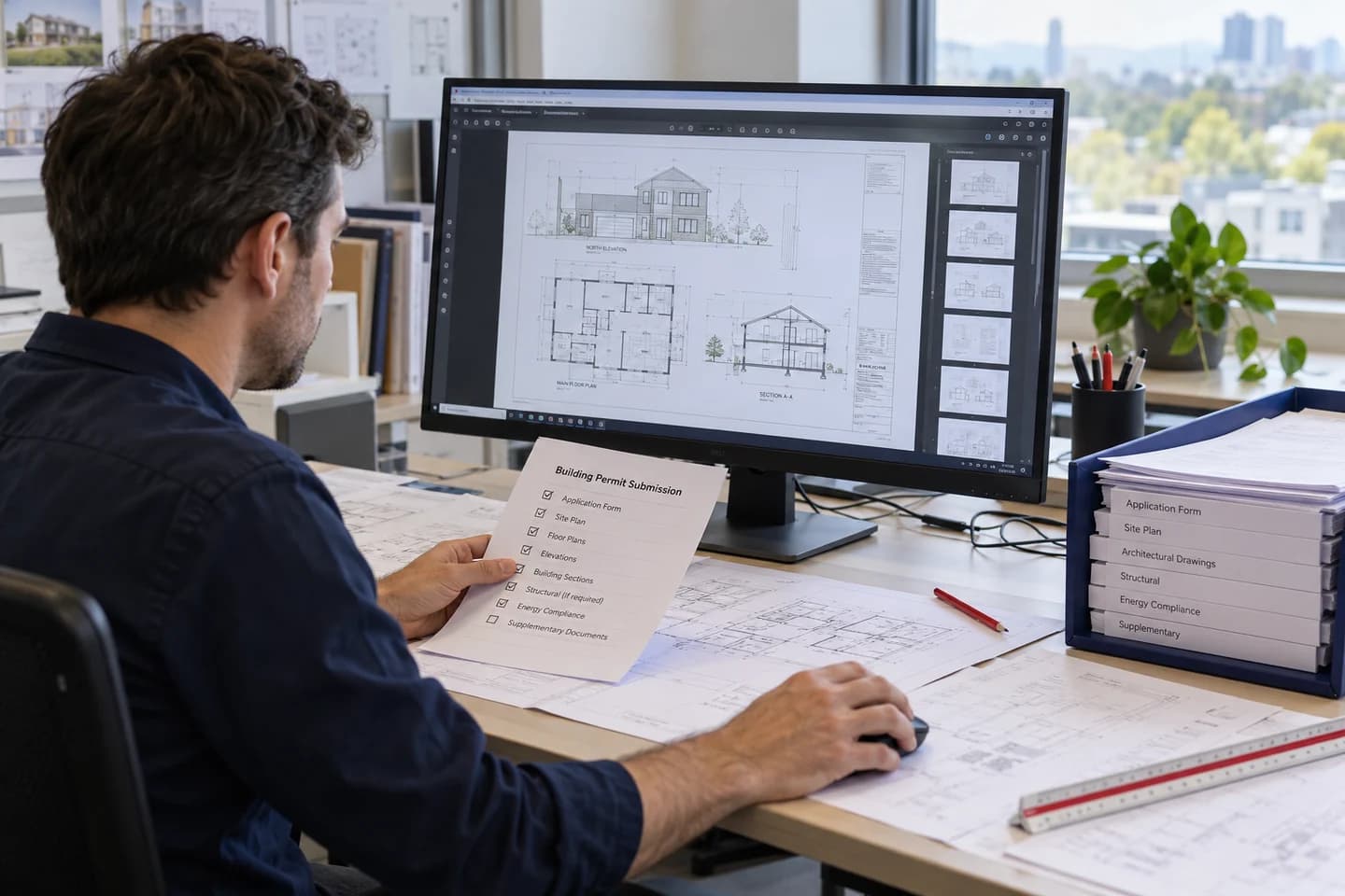 An architect preparing a digital permit submission alongside its architectural drawing package.