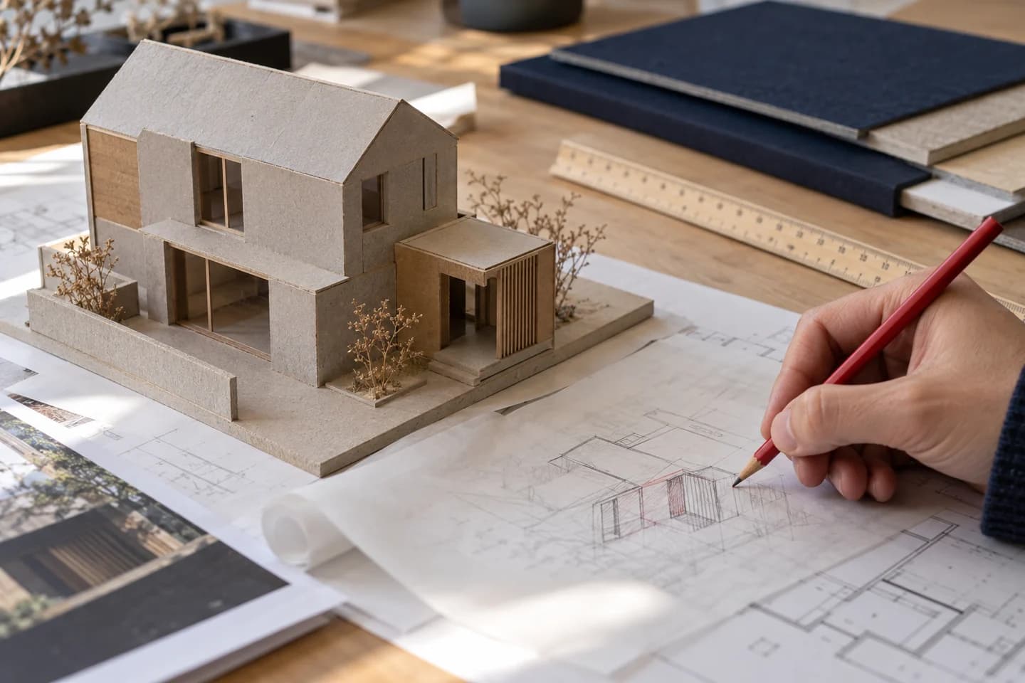 A physical building model and tracing-paper sketches being used to develop a design.