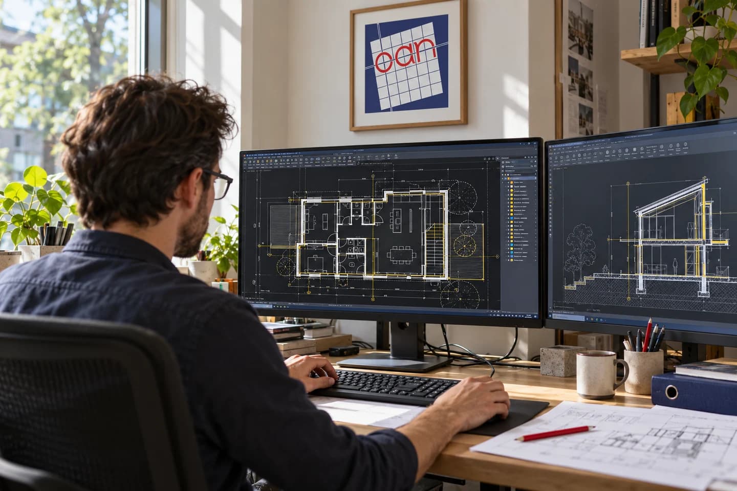 An architect developing architectural plans and sections at a CAD workstation.