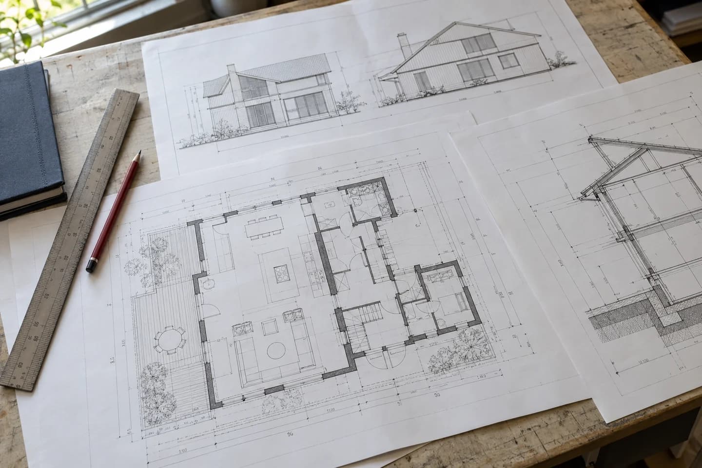 A coordinated set of floor plans, elevations and building sections arranged on a drafting table.