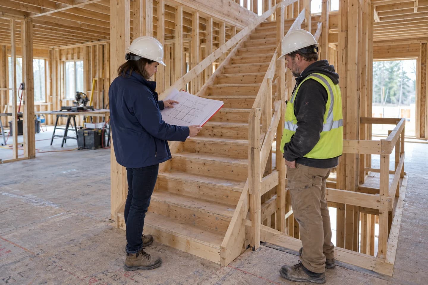 An architect reviewing a stair opening and architectural drawings with a contractor inside a building under construction.