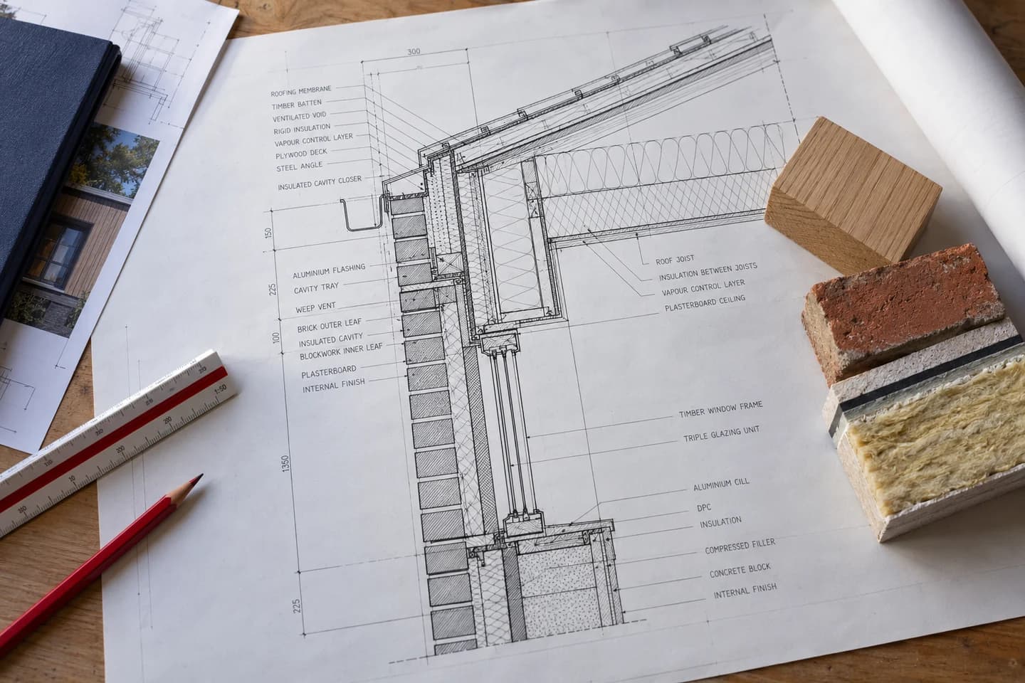 Architectural junction details and physical material samples on a workbench.