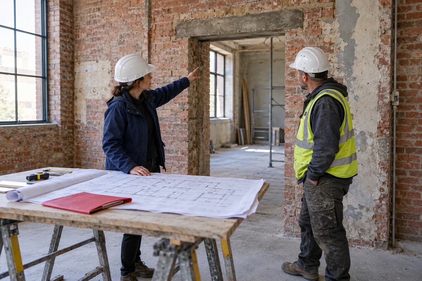 An architect and contractor discussing an existing masonry opening in relation to renovation drawings.
