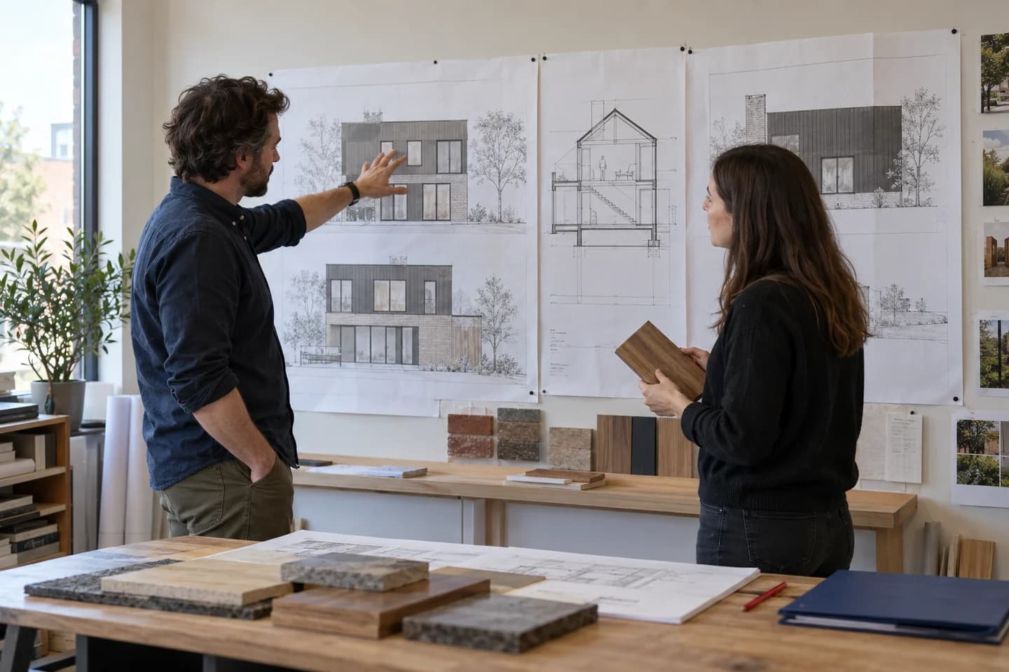 An architect and client reviewing building elevations and material samples at a studio pin-up wall.