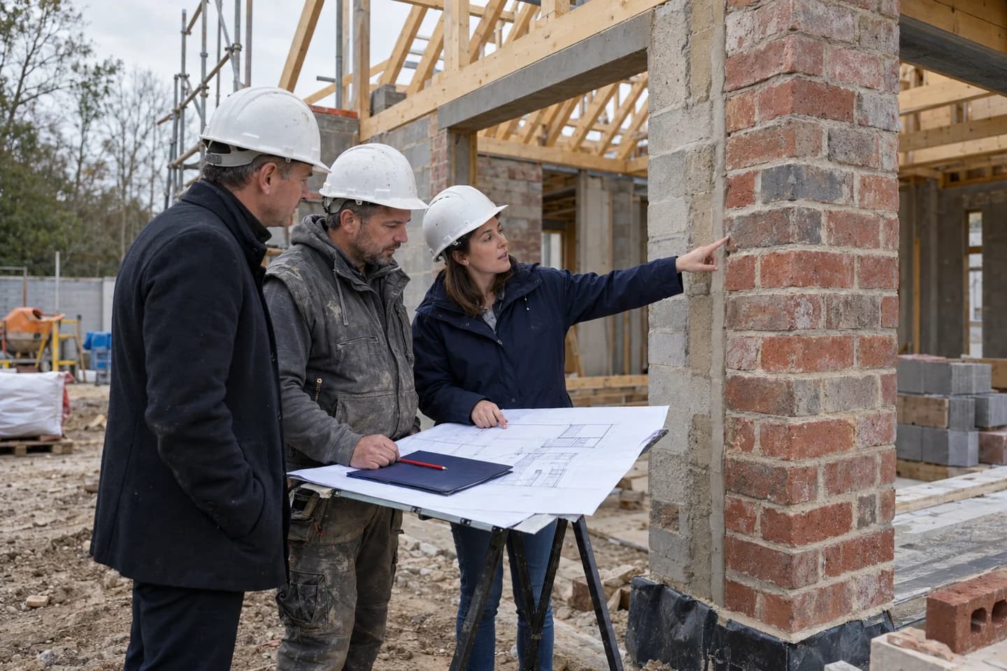 An architect, contractor and owner comparing architectural drawings with the building taking shape on site.
