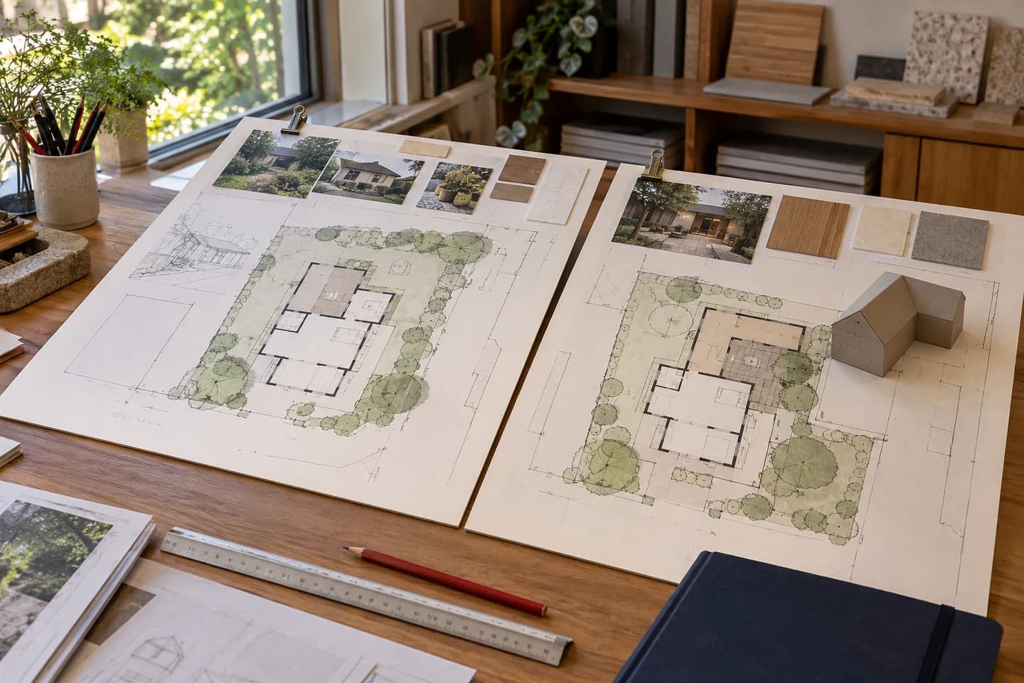Physical site layouts and building footprint options being compared in an architectural studio.