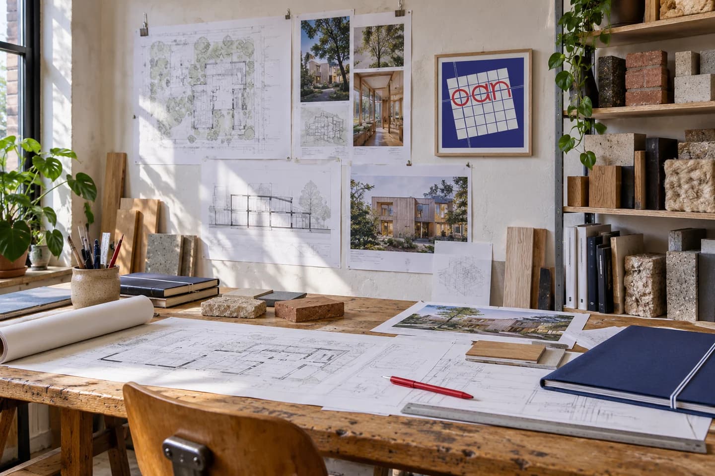 An architectural studio with drafting tables, drawing displays and material samples.