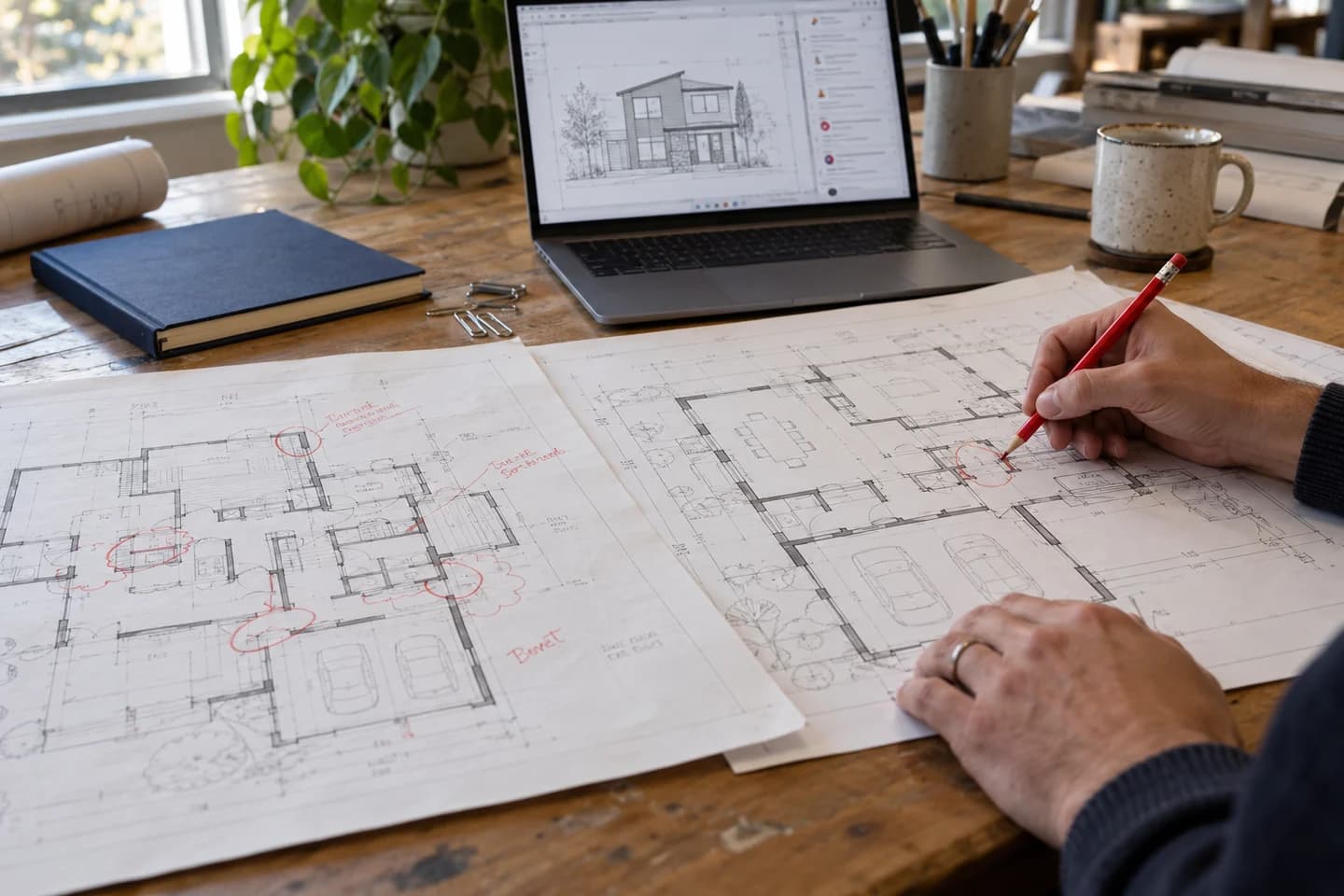 Annotated architectural drawing revisions and a digital markup being reviewed for a submission response.