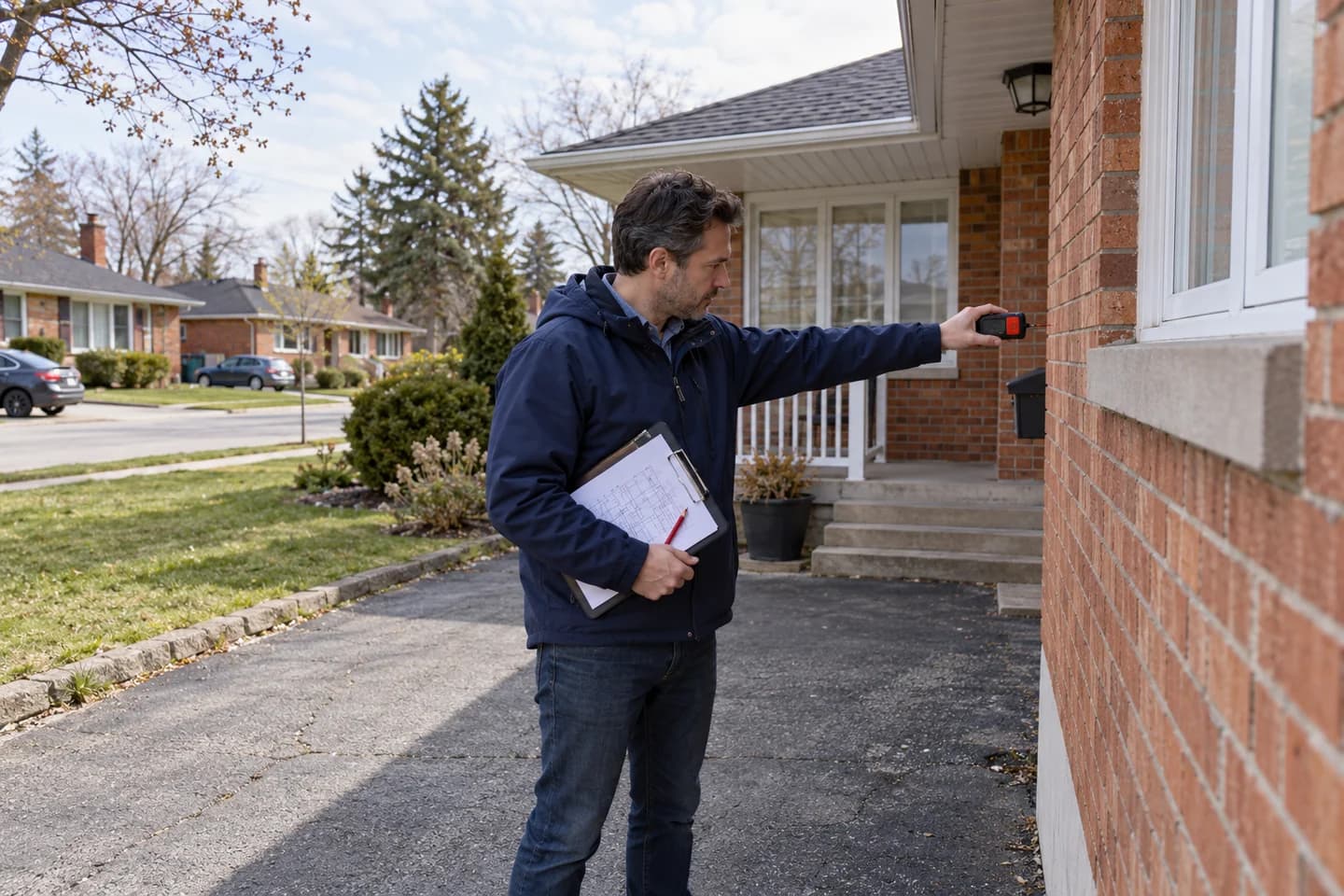 An architect measuring an existing house while reviewing the property and its surroundings.