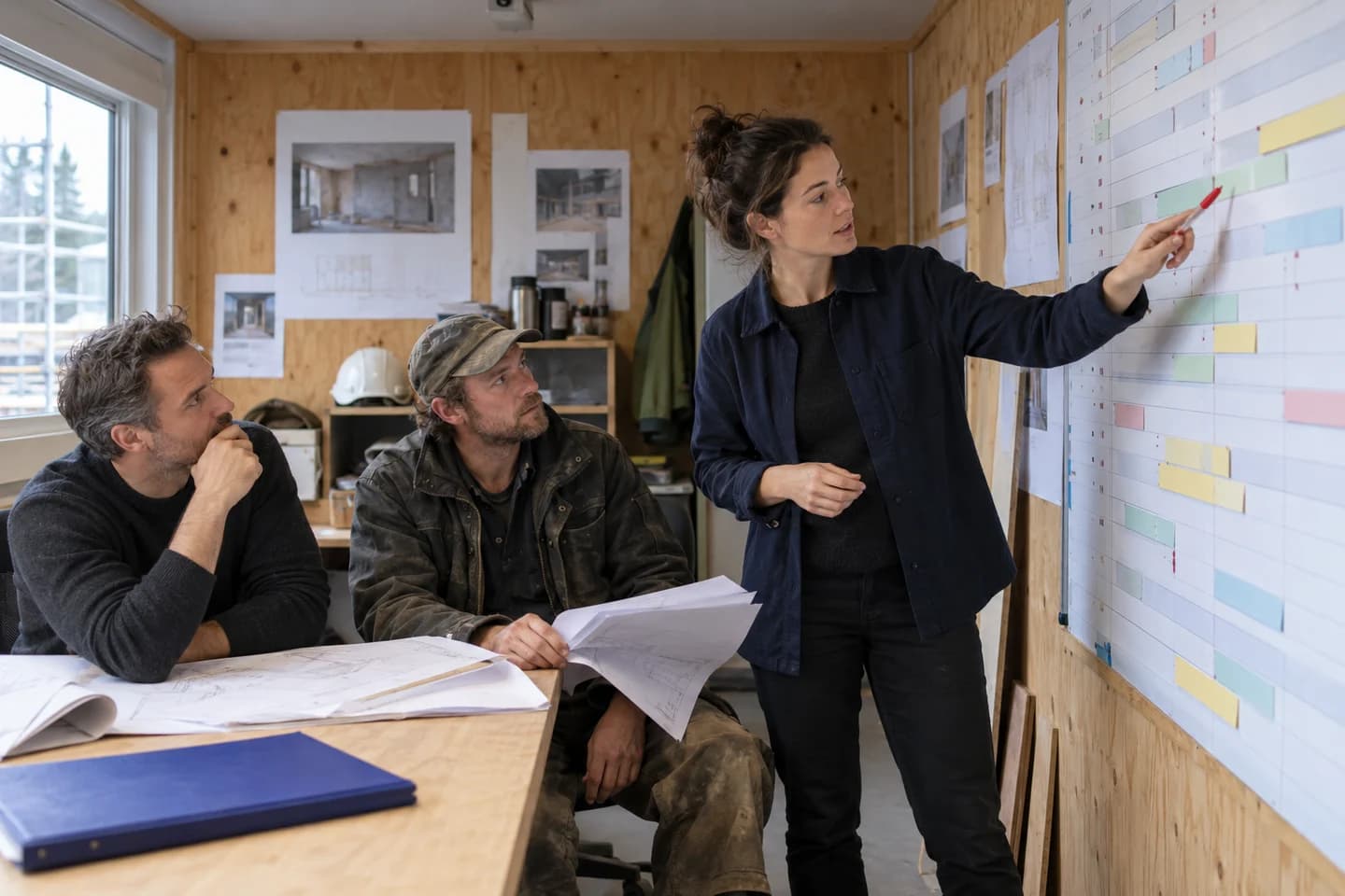 An architect, owner and contractor coordinating project information in a construction site office.