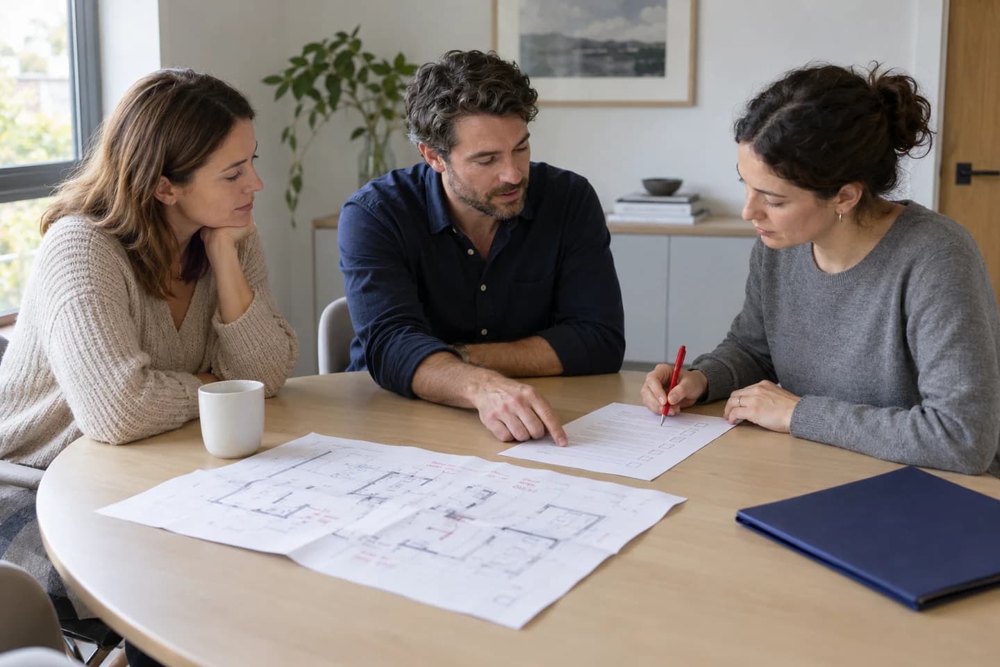 An owner and consultants agreeing project responsibilities and next steps at a team meeting.
