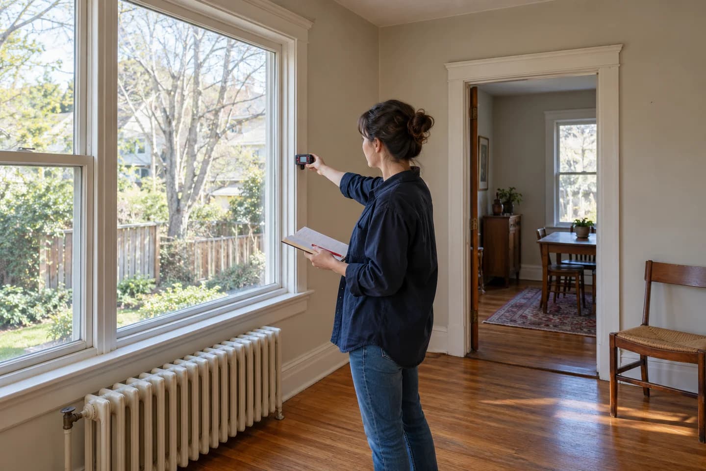 An architect measuring an existing interior and recording its conditions.