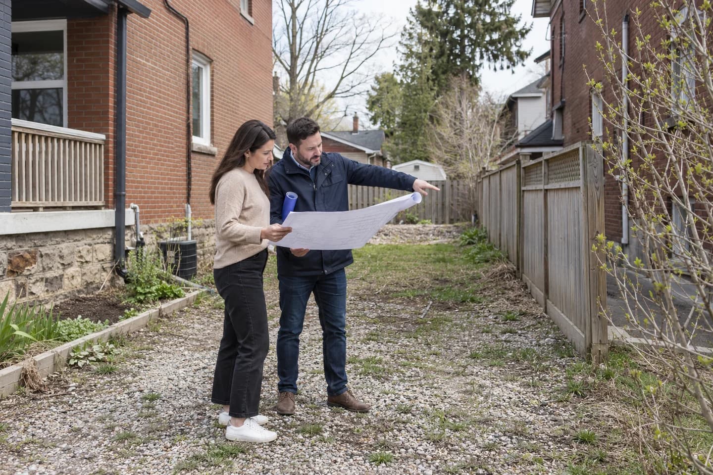 An architect and owner reviewing a site survey at an infill property's boundary.