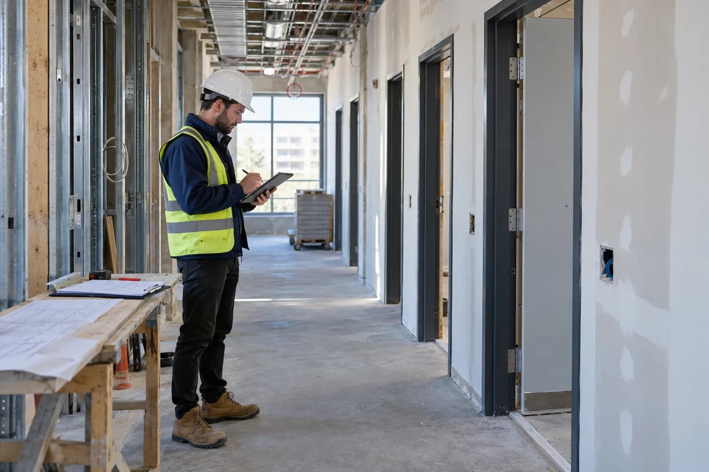 An architect recording site observations on a tablet in an unfinished corridor, with printed drawings and a clipboard nearby.